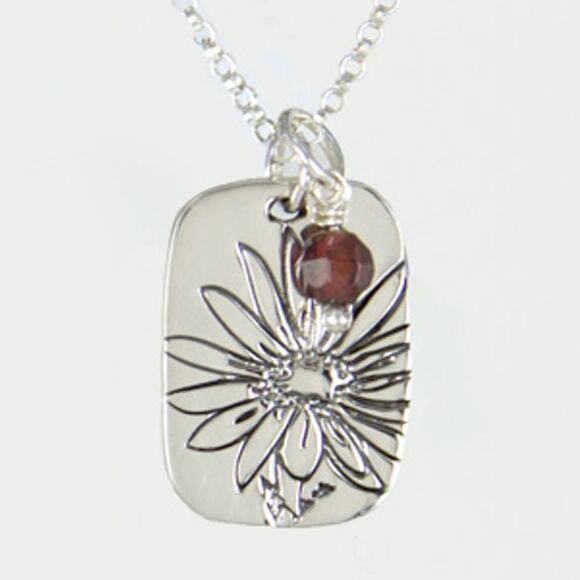 Far Fetched Garnet Daisy Flower Quote Pendant Necklace 925 Sterling Silver - Picture 1 of 3
